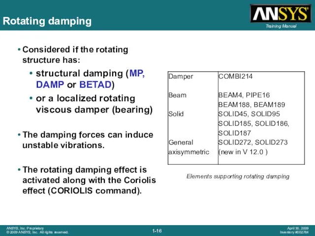 Rotating damping Considered if the rotating structure has: structural damping