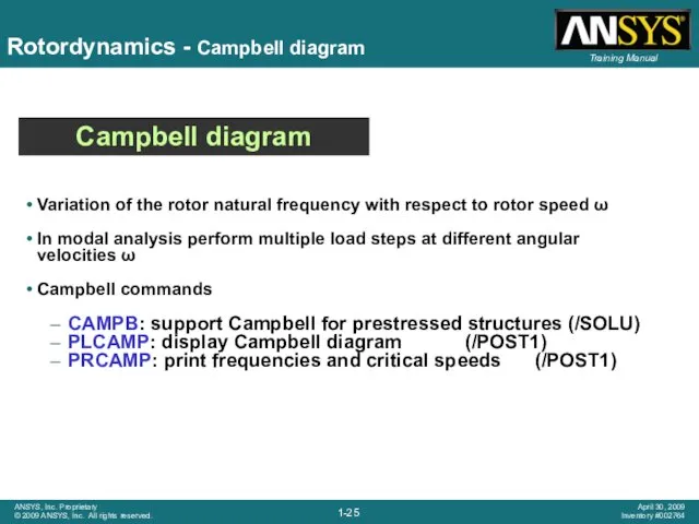 Rotordynamics - Campbell diagram Variation of the rotor natural frequency