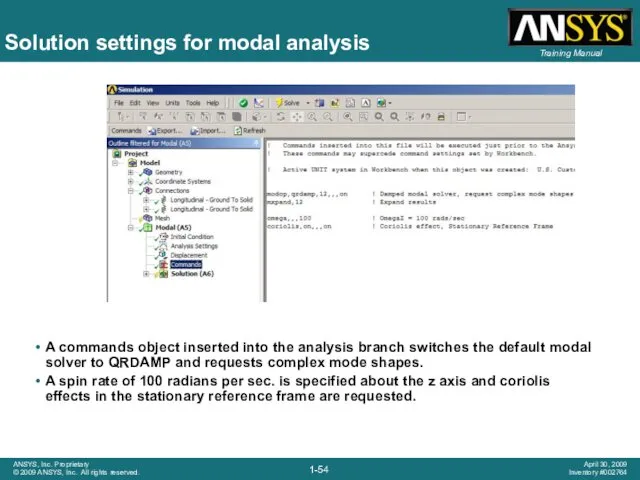 Solution settings for modal analysis A commands object inserted into