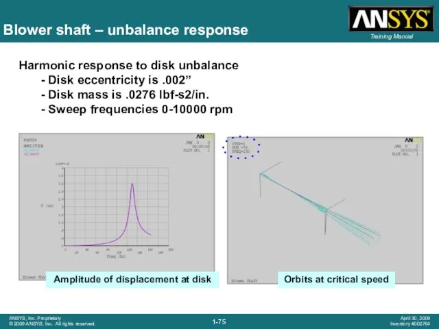 Blower shaft – unbalance response Harmonic response to disk unbalance