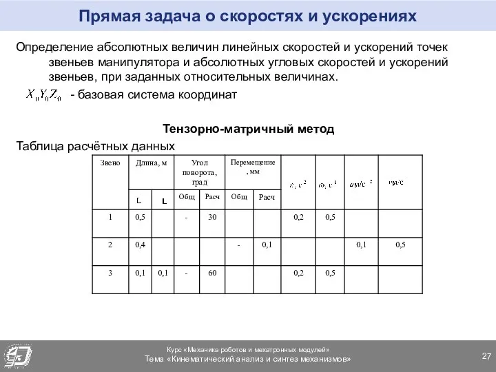 Прямая задача о скоростях и ускорениях Определение абсолютных величин линейных