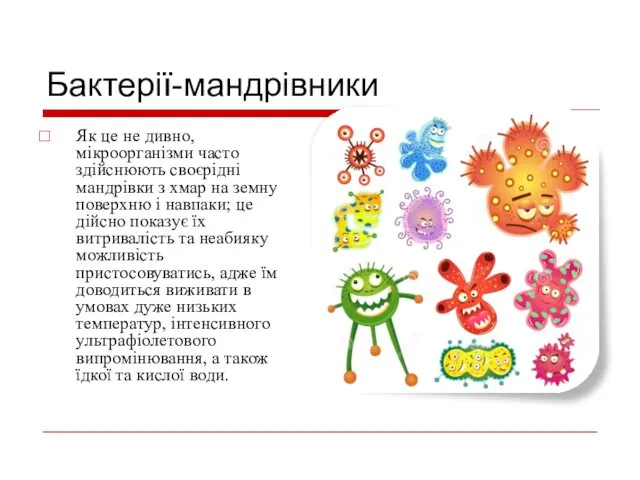 Бактерії-мандрівники Як це не дивно, мікроорганізми часто здійснюють своєрідні мандрівки