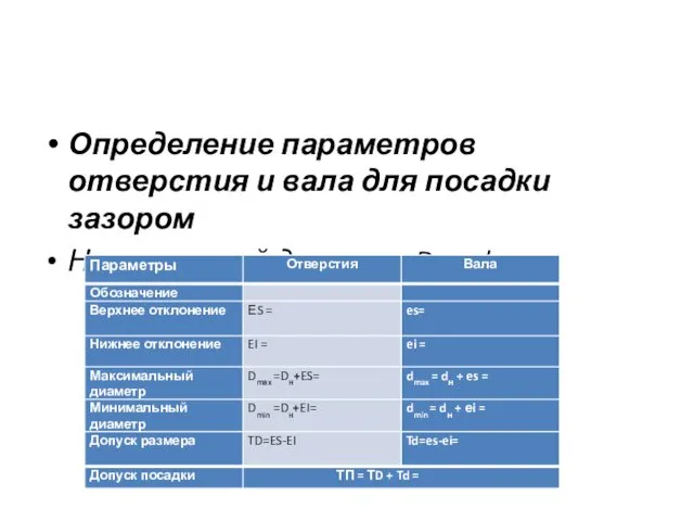 Определение параметров отверстия и вала для посадки зазором Номинальный диаметр Dн = dн