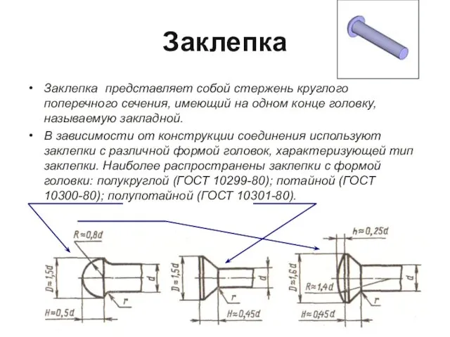 Заклепка Заклепка представляет собой стержень круглого поперечного сечения, имеющий на