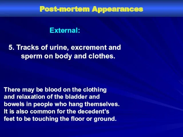 Post-mortem Appearances External: 5. Tracks of urine, excrement and sperm