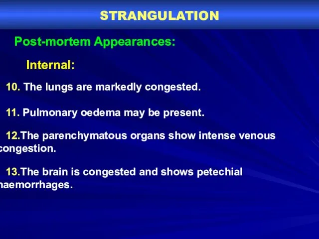 STRANGULATION Post-mortem Appearances: Internal: 10. The lungs are markedly congested.