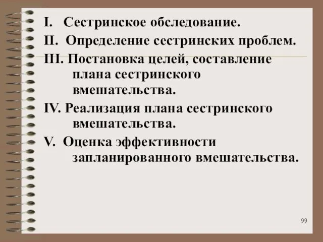 I. Сестринское обследование. II. Определение сестринских проблем. III. Постановка целей,