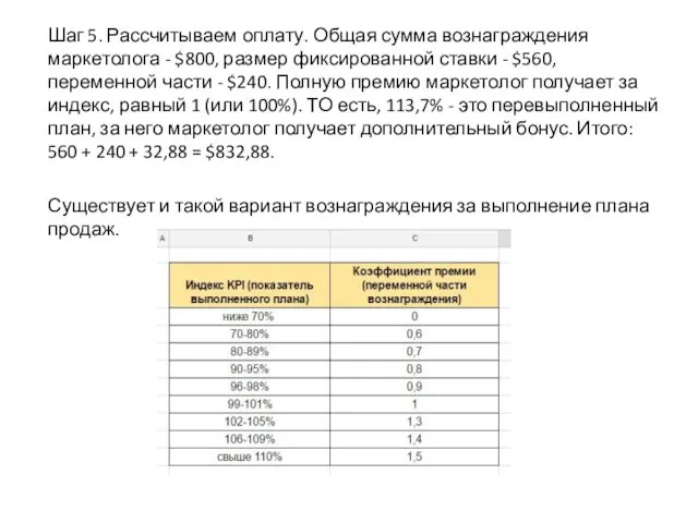 Шаг 5. Рассчитываем оплату. Общая сумма вознаграждения маркетолога - $800,