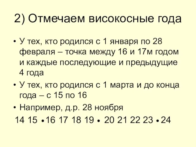 2) Отмечаем високосные года У тех, кто родился с 1