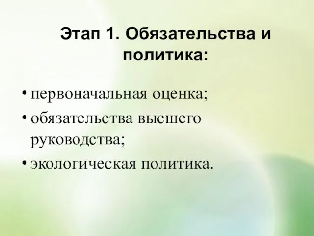 Этап 1. Обязательства и политика: первоначальная оценка; обязательства высшего руководства; экологическая политика.