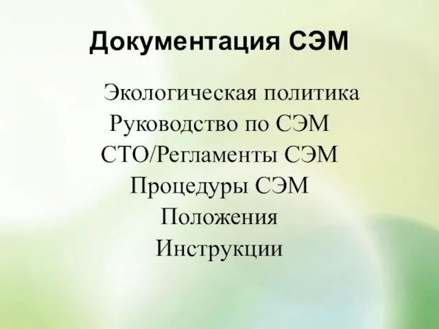 Документация СЭМ Экологическая политика Руководство по СЭМ СТО/Регламенты СЭМ Процедуры СЭМ Положения Инструкции