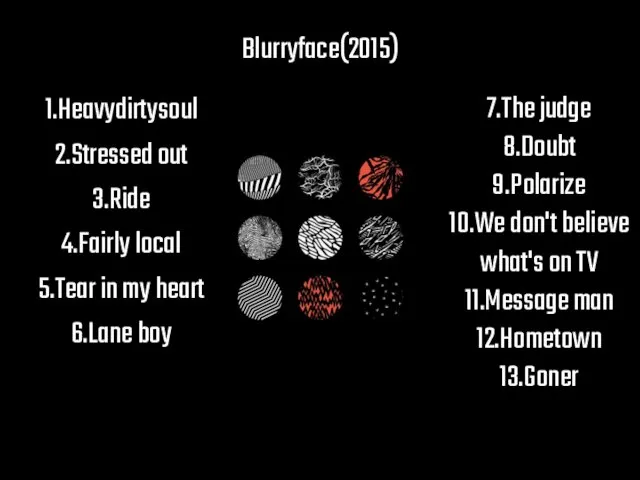 Blurryface(2015) 1.Heavydirtysoul 2.Stressed out 3.Ride 4.Fairly local 5.Tear in my