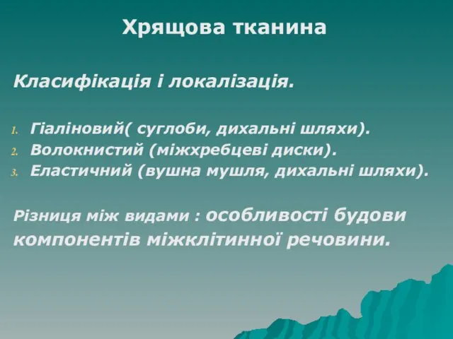 Хрящова тканина Класифікація і локалізація. Гіаліновий( суглоби, дихальні шляхи). Волокнистий