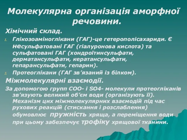 Молекулярна організація аморфної речовини. Хімічний склад. Глікозоаміноглікани (ГАГ)-це гетерополісахариди. Є