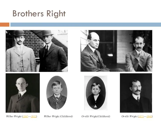 Brothers Right Wilbur Wright (1867—1912) Wilbur Wright (Childhood) Orville Wright (1871—1948) Orville Wright(Childhood)