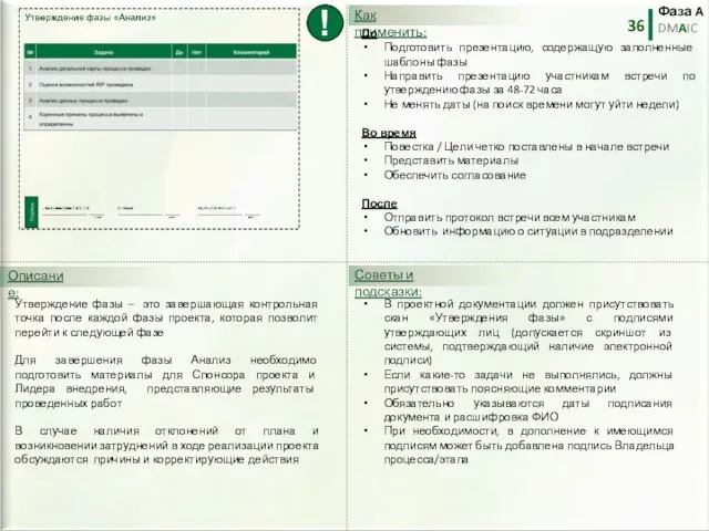 Фаза A DMAIC 36 Утверждение фазы – это завершающая контрольная