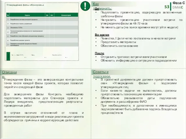 Фаза С DMAIC 53 Утверждение фазы – это завершающая контрольная