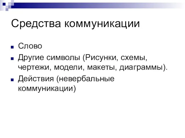 Средства коммуникации Слово Другие символы (Рисунки, схемы, чертежи, модели, макеты, диаграммы). Действия (невербальные коммуникации)