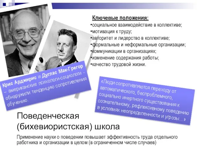 Поведенческая (бихевиористская) школа Применение науки о поведении повышает эффективность труда