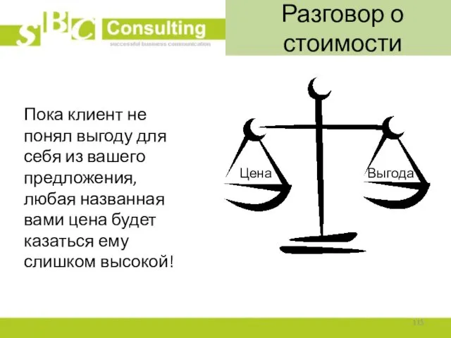 Разговор о стоимости Пока клиент не понял выгоду для себя