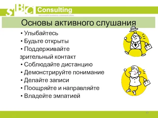 Основы активного слушания Улыбайтесь Будьте открыты Поддерживайте зрительный контакт Соблюдайте