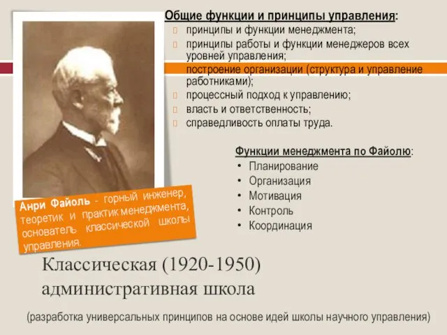 (разработка универсальных принципов на основе идей школы научного управления) Общие