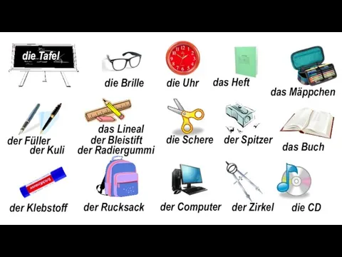 das Buch der Computer der Radiergummi der Spitzer das Lineal