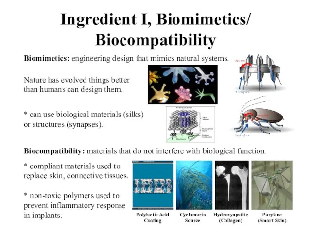Ingredient I, Biomimetics/ Biocompatibility Biomimetics: engineering design that mimics natural