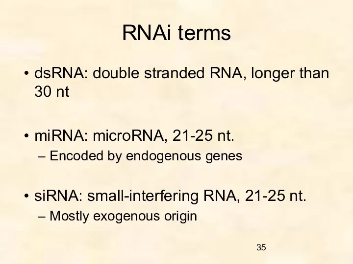 RNAi terms dsRNA: double stranded RNA, longer than 30 nt