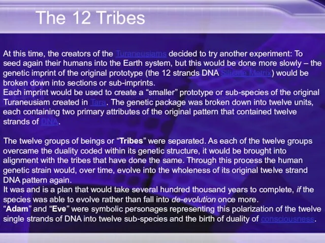 The 12 Tribes At this time, the creators of the