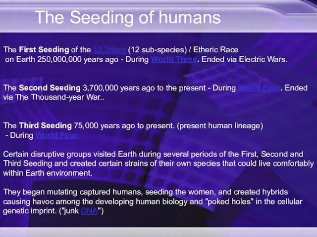 The Seeding of humans The First Seeding of the 12 Tribes (12 sub-species)