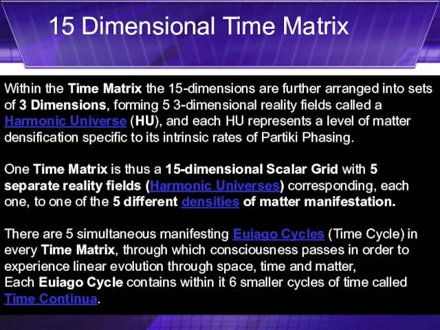 Within the Time Matrix the 15-dimensions are further arranged into sets of 3