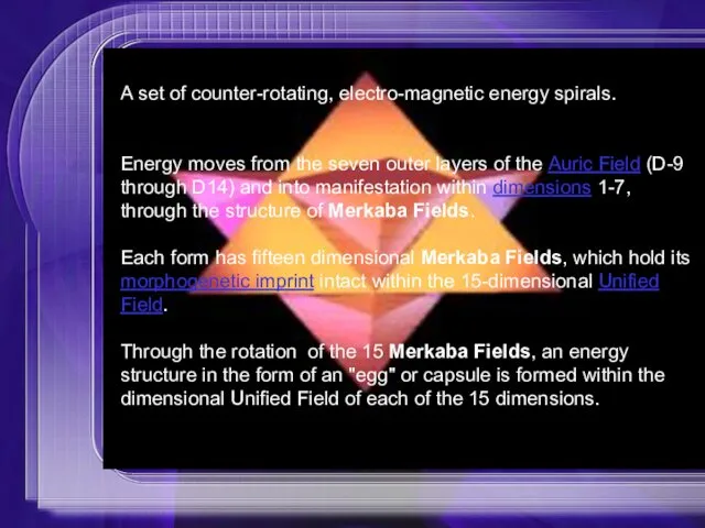 A set of counter-rotating, electro-magnetic energy spirals. Energy moves from the seven outer