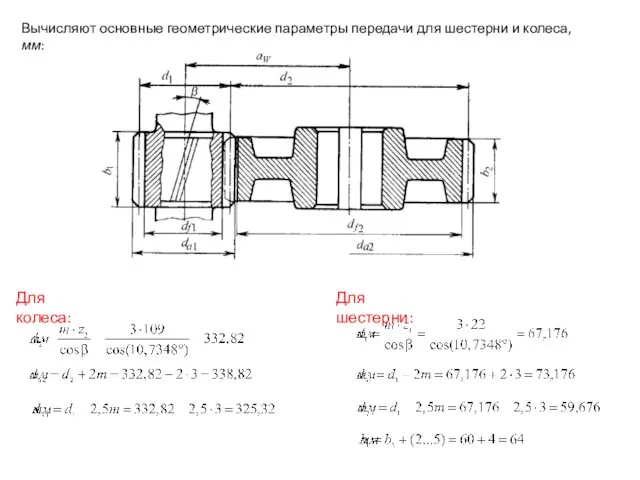 Вычисляют основные геометрические параметры передачи для шестерни и колеса, мм: Для шестерни: Для колеса: