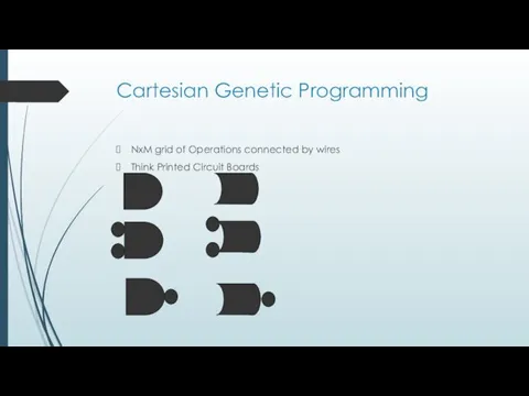 Cartesian Genetic Programming NxM grid of Operations connected by wires Think Printed Circuit Boards