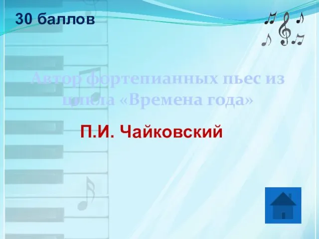 30 баллов Автор фортепианных пьес из цикла «Времена года» П.И. Чайковский