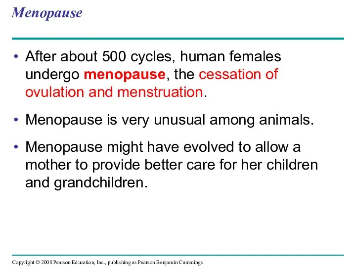 Menopause After about 500 cycles, human females undergo menopause, the