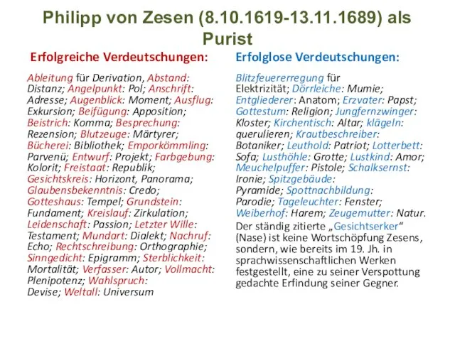 Philipp von Zesen (8.10.1619-13.11.1689) als Purist Erfolgreiche Verdeutschungen: Ableitung für