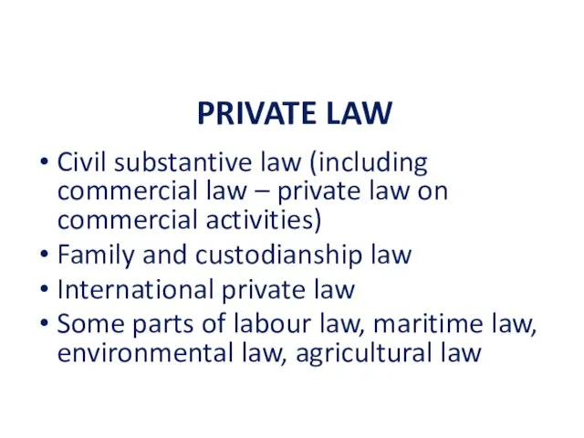 PRIVATE LAW Civil substantive law (including commercial law – private law on commercial