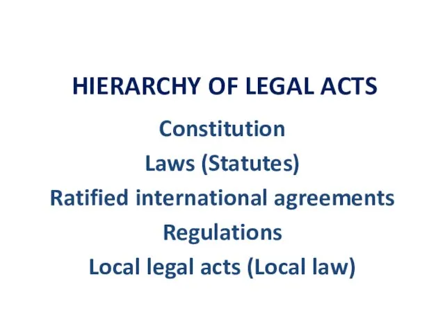 HIERARCHY OF LEGAL ACTS Constitution Laws (Statutes) Ratified international agreements Regulations Local legal acts (Local law)