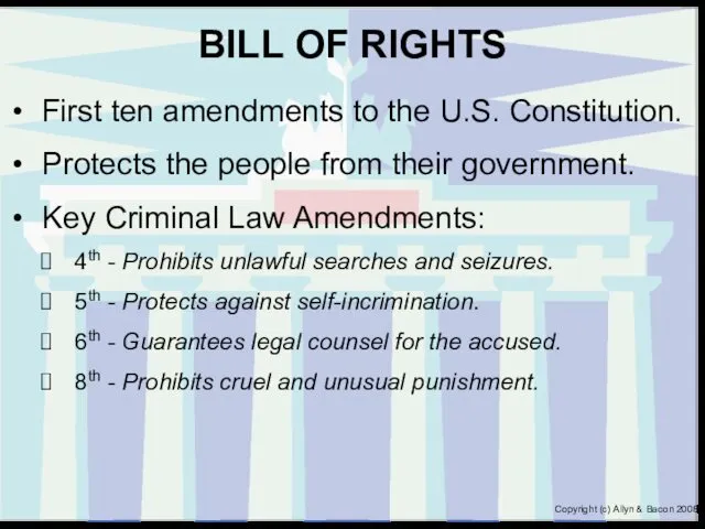 BILL OF RIGHTS First ten amendments to the U.S. Constitution. Protects the people