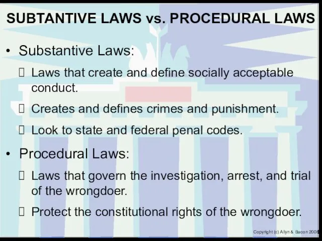 SUBTANTIVE LAWS vs. PROCEDURAL LAWS Substantive Laws: Laws that create and define socially