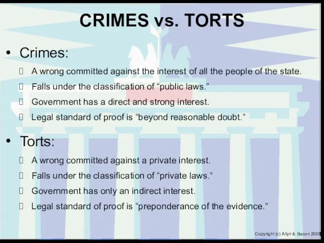 CRIMES vs. TORTS Crimes: A wrong committed against the interest