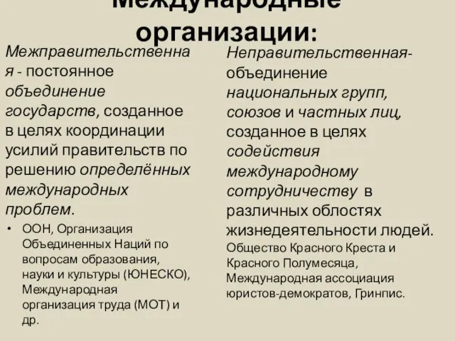 Международные организации: Межправительственная - постоянное объединение государств, созданное в целях