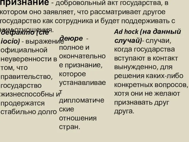 признание - добровольный акт государства, в котором оно заявляет, что