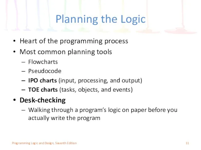 Planning the Logic Heart of the programming process Most common