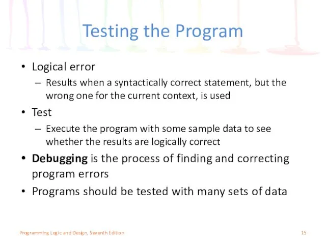 Testing the Program Logical error Results when a syntactically correct