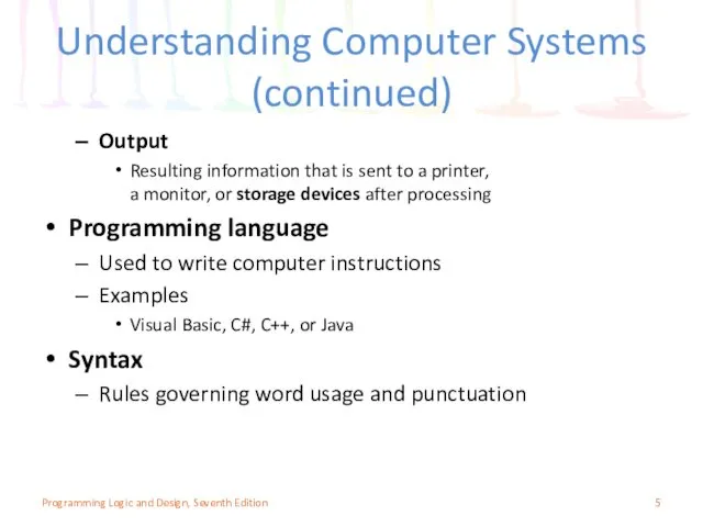 Understanding Computer Systems (continued) Output Resulting information that is sent