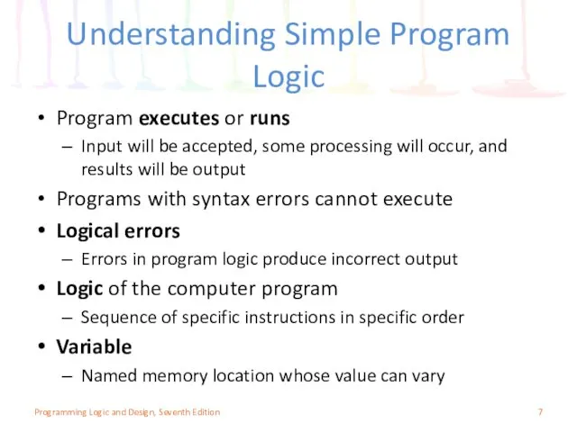 Understanding Simple Program Logic Program executes or runs Input will