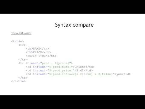 Syntax compare Thymeleaf syntax: NAME PRICE IN STOCK Onions 2.41 yes